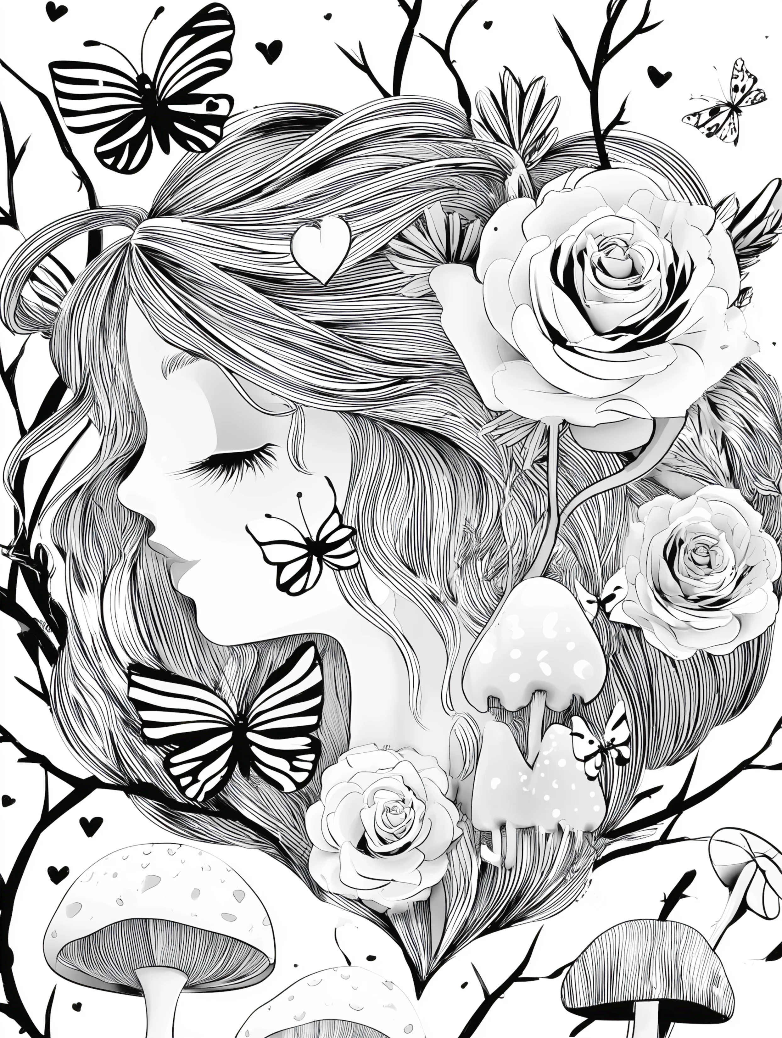 Free printable beautiful fairy coloring page featuring a profile of fairy with roses